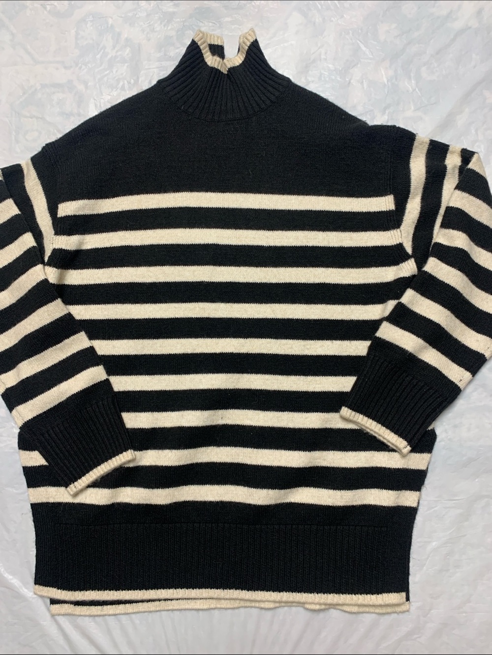 H&M Wool Blend Black White Striped Mock Neck Tunic Length Sweater Sz L Soft
